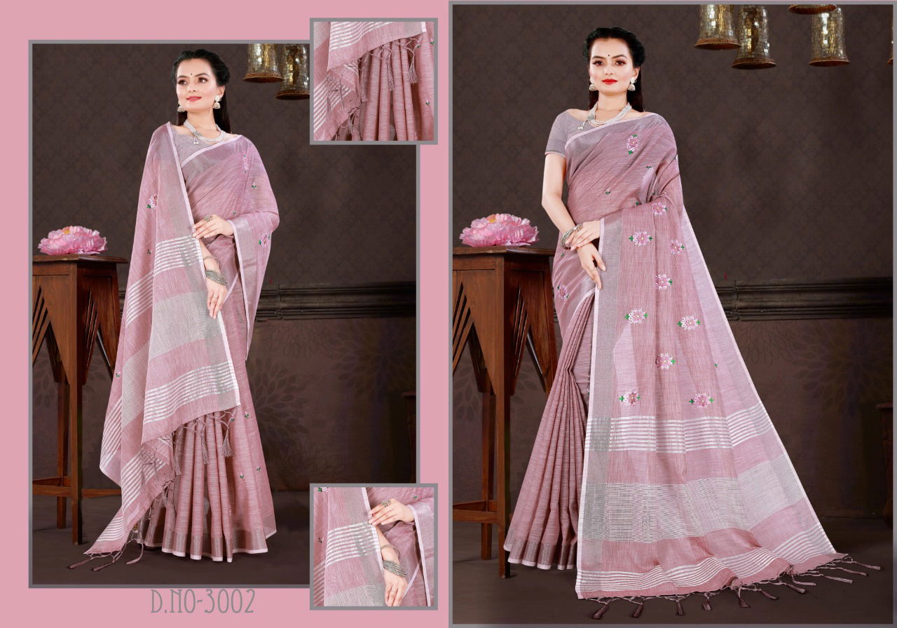 Sangam Swara New Fancy Wear Designer Linen Embroidery Work Saree Collection